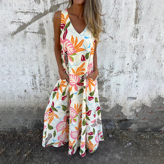 🌸Spring Specials💐V-ringad ärmlös golvlång linneklänning för kvinnor med bladmönster