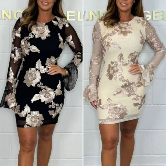 🌸Vårspecialer💐 Bodyconklänning för kvinnor med elegant blomsterbroderi och klockärmar