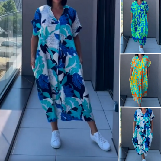 ⏰tidsbegränsat erbjudande👇Elegant V-halsad klänning med tryck för kvinnor