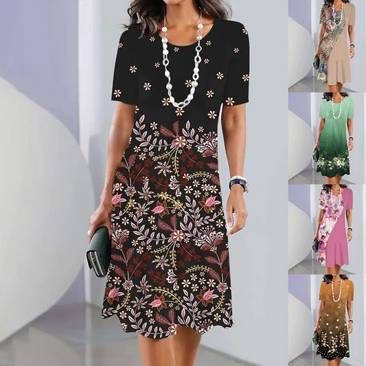 Elegant rundhalsad klänning för kvinnor med blommigt tryck