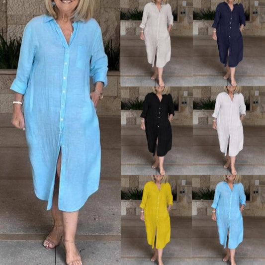 🔥Kvinnor avslappnad lös bomull-linne lång skjorta klänning