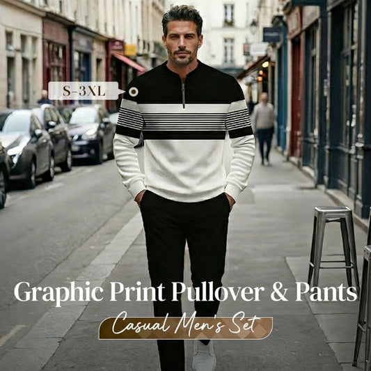 Grafiskt tryckt tröja och byxuppsättning för män – Street Style, Comfort Fit & Casual Look 👖