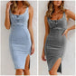 💃Justerbart axelbands U-ringad slitsad denim bodycon cami klänning