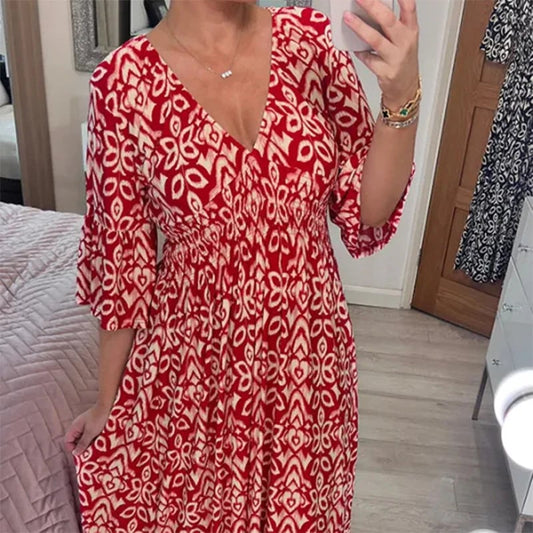 🔥 Sen dag 49% rabatt🔥 blomma klänning med v -neck - köp 2 och få gratis frakt