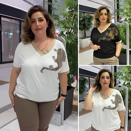 V-ringad topp med elegant tryck för kvinnor