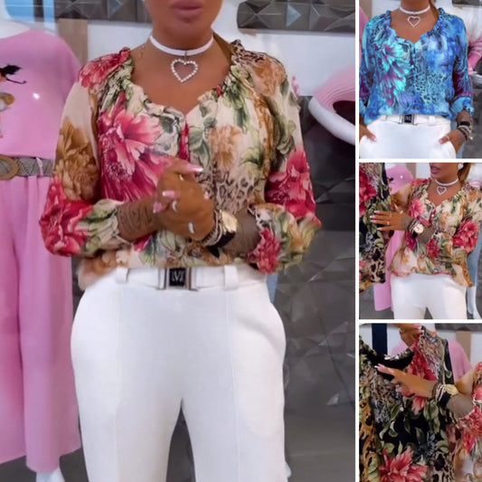 Vintage chiffongblus för damer med blommigt och leopardmönstrat patchwork