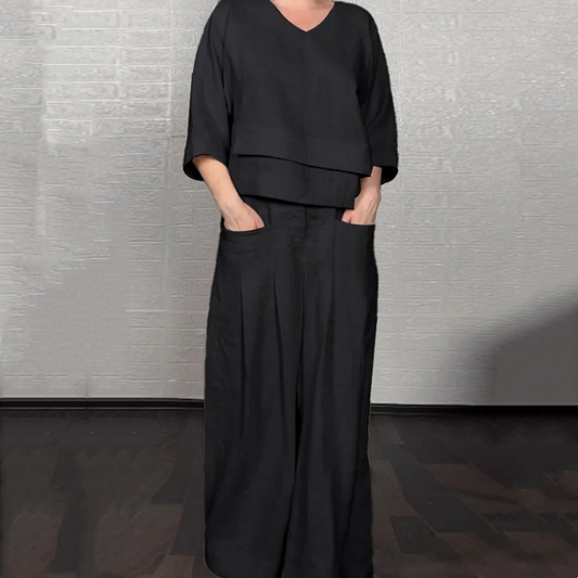 Tvådelat casual set för kvinnor, bomull och linne med oregelbunden fåll och korta ärmar