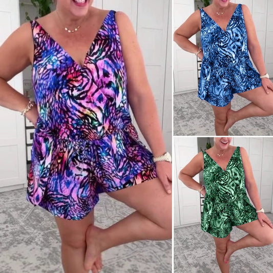 V-ringad ärmlös baddräkt med tryck