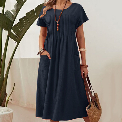👗 50% RABATT! ✨ Plisserad Klänning för Kvinnor med Korta Ärmar & Fickor – Bomull-Linneblandning, Bekväm & Perfekt för Sommar ☀️