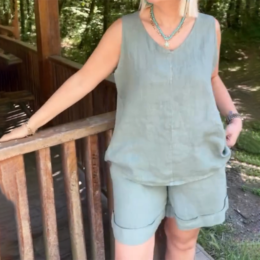 Casual V-neckad ärmlös topp och shorts för kvinnor