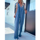 V-ringad ärmlös sexig jumpsuit med öppen rygg i tvättad denim