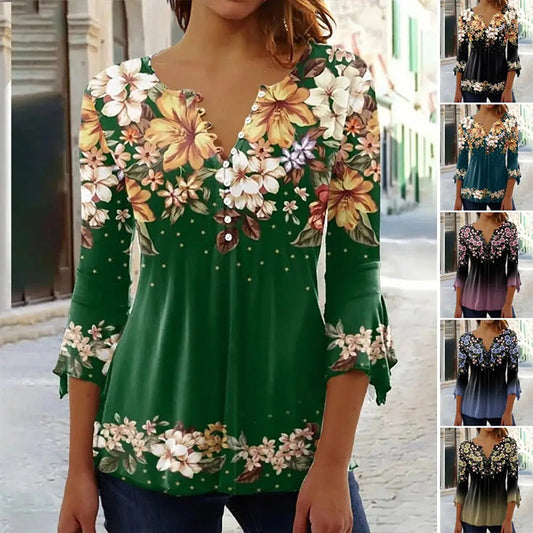 🌸 50% rabatt på nya produkter 💖 Elegant topp för kvinnor med blommönster och V-ringning