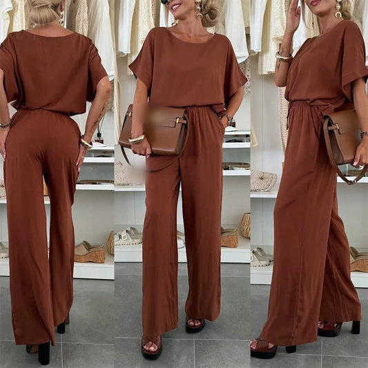 Solid Color Kortärmad Topp & Byxor med dragsko 2-delat set🔥Köp 2 få extra 5% rabatt & fri frakt 💕