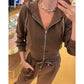Solid 2-delat set med kort hoodie med dragkedja och byxor med dragsko
