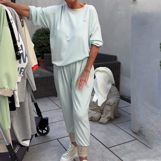 Löst sittande långärmad topp och joggingbyxor för kvinnor, 2-delat set