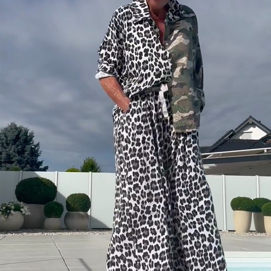 Leopardkamouflage skjorta och byxor, 2-delat set