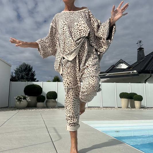 ✨Fri frakt✨2-delat set med leopardmönstrad topp och byxor för damer