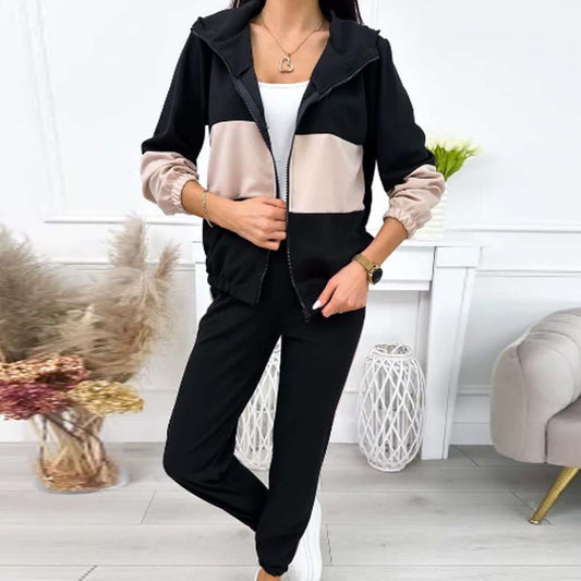 Kvinnors casual färgblocktrakt: Hooded Zip Jacket & Jogger Pants
