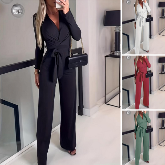 Elegant solid färg sexig slim-fit v-hals jumpsuit