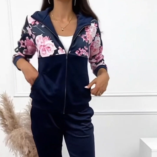 Kvinnors blommor tryckt huva 2 stycken tröjor set
