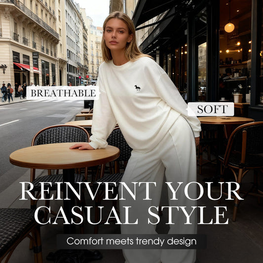 Dam Tvådelade Set: Broderad Långärmad Sweatshirt med Rundhals & Byxor