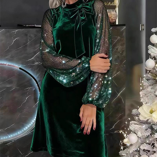 ⏳Begränsad tid 50 % Rabatt⏰Damklänning med Glitter och Fluga vid Halsen✨👗