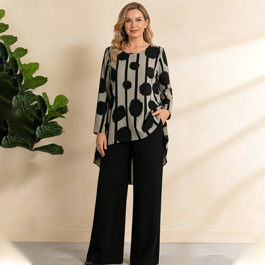 Damtopp och byxor med asymmetriskt tryck