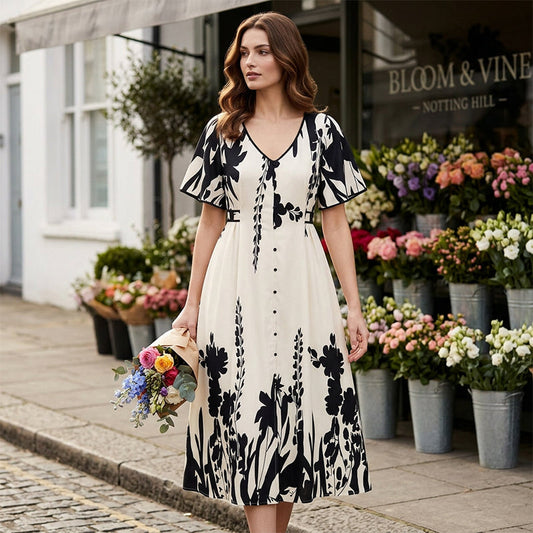 🎁 Nyhet 50% RABATT 💥 Mjuk växttryckt V-ringad midiklänning – Elegant, lätt och lättmatchad
