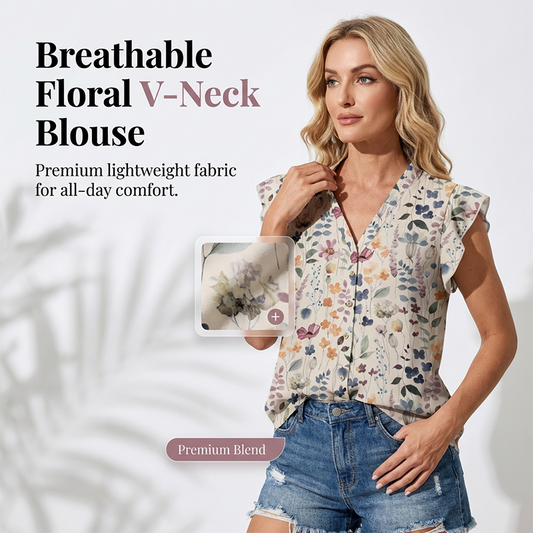 Blommig damblus med V-ringning och knappar framtill