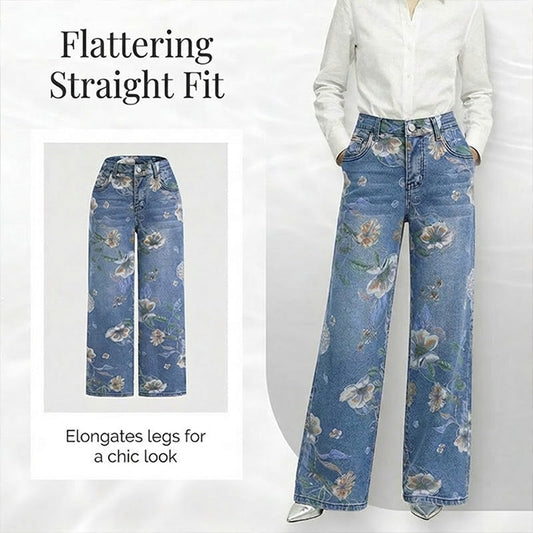 Blommiga Jeans med Raka Ben för Dam