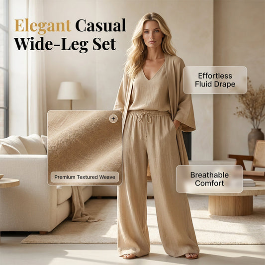 Elegant Tredelat Set för Dam - Kofta, Topp & Byxor med Vida Ben