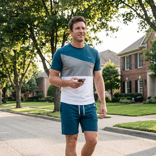 👕🩳 Sett med T-skjorte og shorts i fargeblokker for menn – 50 % RABATT! Iøynefallende design med fargeblokker, avslappet passform, pustende stoff – ditt perfekte sommersett. 🔥☀️