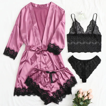 Spets Satin Suspender Nightgown Four-Piece Set